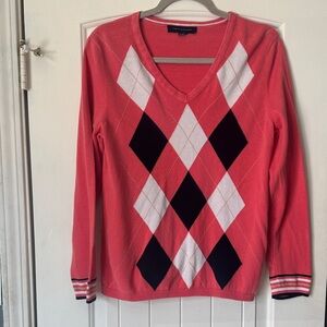 Tommy Hilfiger Pink and Black Argyle V-Neck Sweater